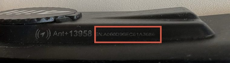 Serial number (SN) engraved on the power meter pod, next to the ANT+ number